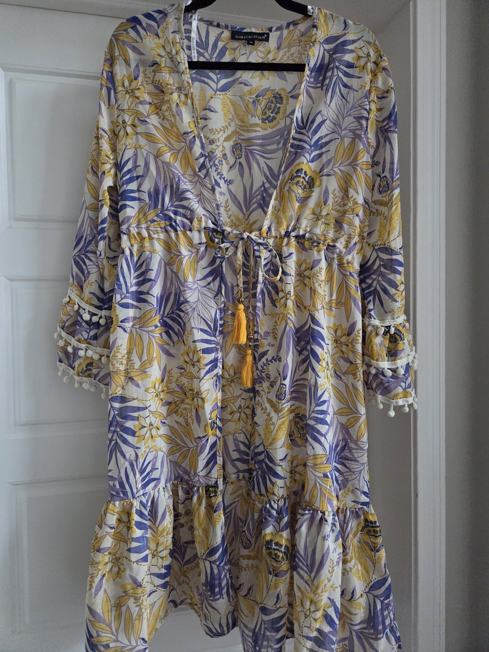 Club Z Floral Tassel Tie Coverup in Yellow/Blue/Lavender & Gold Metallic